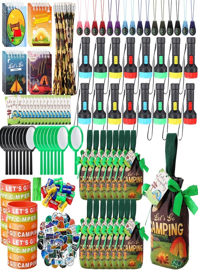 Chivertion 195 Pcs Camping Party Favors Gifts Canvas Gift Bag Magnifier Notebook Pencil Sharpener silicone Bracelets Mini Compass Flashlight Keychains Stickers Camping Tag For Adventure Birthday - Image 1